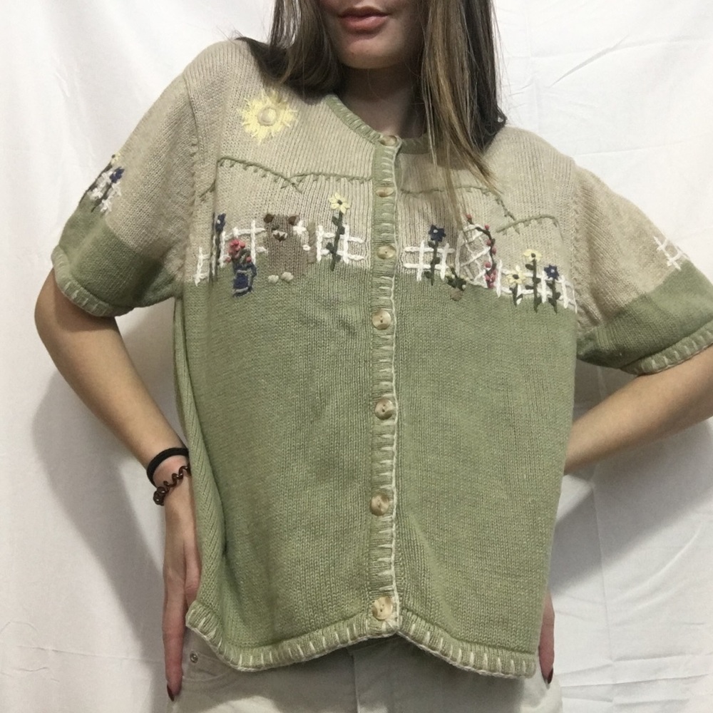 Vintage short sleeve hand embroidered cardigan sweater gardening floral cats